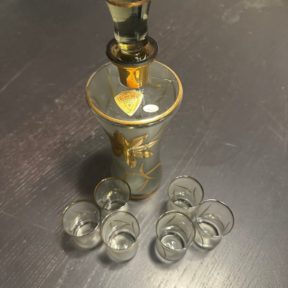 Vintage Bohemia Murmac Glass Decanter and 6 Shot Glass Set Gold Gilt Leaf Design